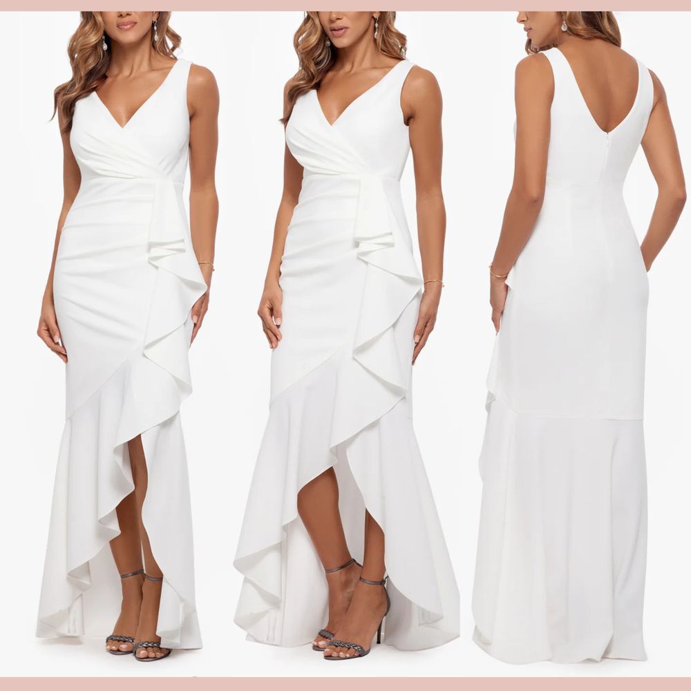 Betsy & Adam White High-Low Ruffle Sheath Dress